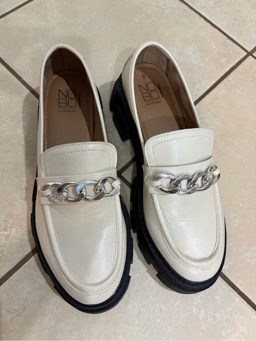 NOBO Cream Leather Loafers with Silver Chain Accent